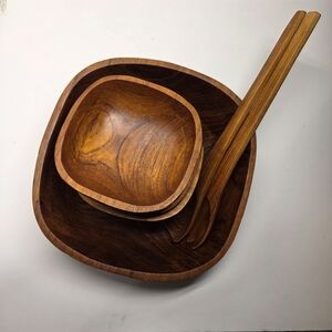 Vintage Teak Manoir Craft Salad Bowl Set Made In Thailand - Small Crack